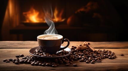 Wall Mural - wooden table with a steaming mug of coffee, a few scattered coffee beans, 