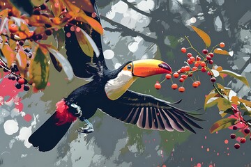 Wall Mural - A toucan tossing a berry into the air and catching it in its beak.