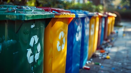 Wall Mural - Color Coded Recycling Bins Demonstrating Effective Waste Management and Eco Friendly Initiatives in an Urban Landscape