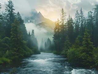 Poster - Enchanting Mountain Landscape with Flowing River and Misty Pine Forests at Sunrise