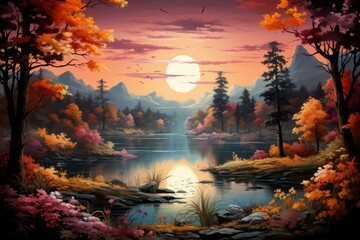 Wall Mural - Autumn lakes - Generative AI