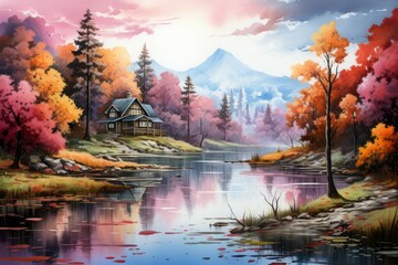 Wall Mural - Autumn lakes - Generative AI