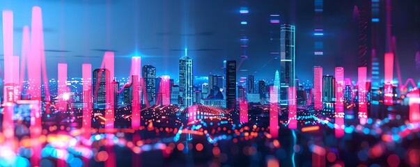 Poster - futuristic financial district theme front view showcasing neon lights and business growth advanced 
