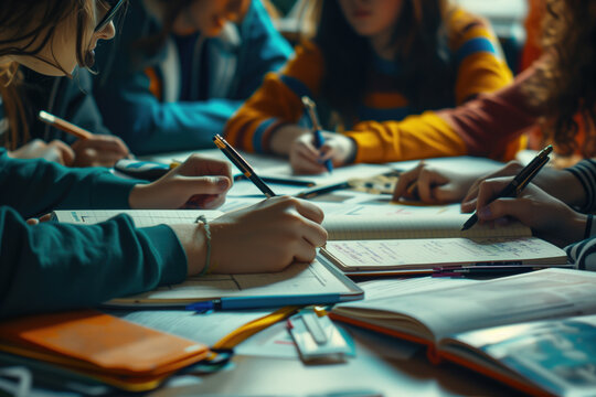 Close-up of students' hands writing in notebooks during a classroom lecture