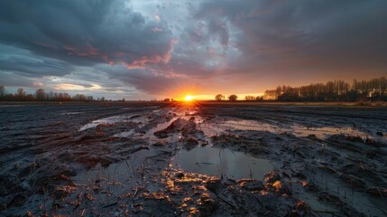 Wall Mural - A sunset casting its beauty on a muddy flat with overcast skies