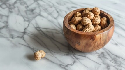 Ramadan Celebration: Healthy Lifestyle and Nutritious Diet with Peanut in Wooden Bowl on Marble Table. 4K HD Wallpaper Background.