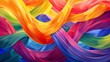 © MJ - A joyful, colorful illustration of intertwined rainbow-colored ribbons set against a backdrop of abstract shapes and lines, symbolizing togetherness for LGBTQ+ Pride Month