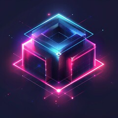 Modern synthwave style logo for a developer platform within a large tech company, with neon pink and blue colors, grid patterns, and a futuristic design, dark background