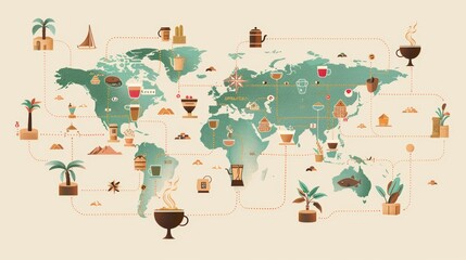 Naklejka na meble A world map with lines connecting coffee-growing regions to diverse coffee shops, highlighting the bean's global journey. 