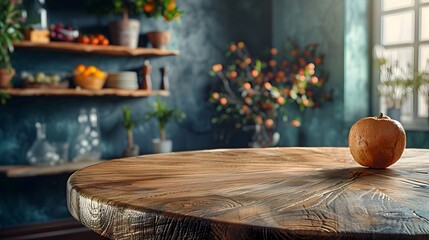 Wall Mural - Wooden Table with Natural Finish for Artisanal Food Displays in Cozy Room Setting
