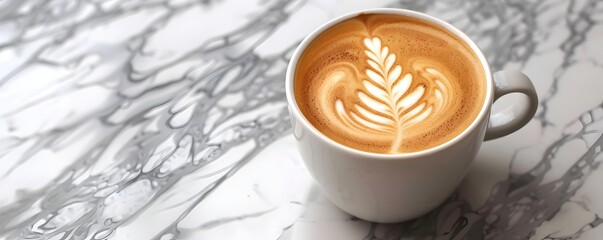 Sticker - Delicate Leaf Latte Art on Marble Cafe Countertop with Elegant Ambiance