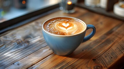 Canvas Print - Beautifully Crafted Latte with Heart Shaped Foam Art on Rustic Wooden Cafe Table in Cozy Natural Lighting