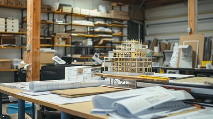 Wall Mural - Blueprints and building models cover desks in construction engineering offices, 