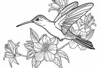 Wall Mural - Cartoon cute doodles of a hummingbird hovering around flowers with delicate wing flaps, Generative AI