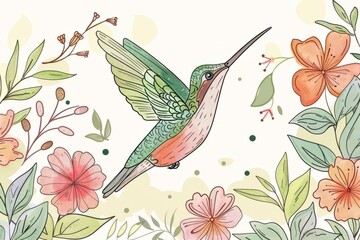 Wall Mural - Cartoon cute doodles of a hummingbird hovering around flowers with delicate wing flaps, Generative AI