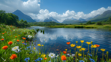 Wall Mural - A vibrant nature river scene with wildflowers along the banks and mountains in the background
