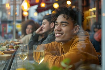 Man Sit In Cafe Smiling with Window on Front