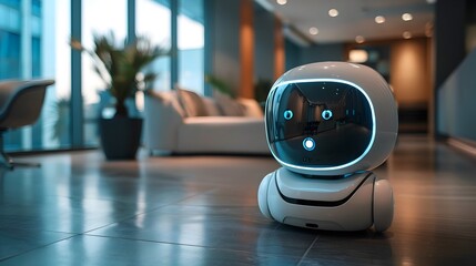 Poster - futuristic telepresence robot in corporate business setting facilitating digital communication and n
