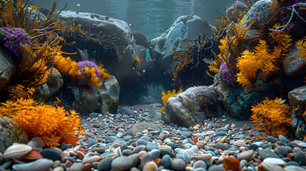 Wall Mural - A vibrant nature rocky shore landscape with colorful seaweed and barnacles clinging to the rocks