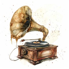 Watercolor painting of a vintage, dusty gramophone, with its brass horn and wooden casing covered in a fine layer of dust, on isolated white backgro, Generative AI