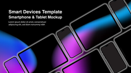 Poster - Modern tablet computer and smartphone mockups, with front views of realistic smart mobile phones and touchpad mockups isolated on a white background. Pad, slate, and phone device mockups. Vector.