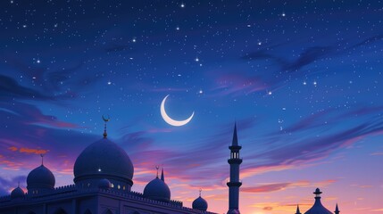 Wall Mural - Mosques Dome on dark blue twilight sky and Crescent Moon on background, symbol islamic religion Ramadan and free space for text arabic, Eid al-Adha, Eid al-fitr, Mubarak, Islamic new year Muharram