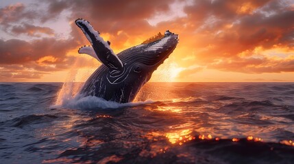 Wall Mural - Majestic Humpback Whale Breaching the Dramatic Sunset Ocean