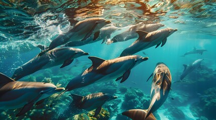 Playful Dolphins Exploring the Vibrant Underwater Realm of the Crystal Clear Ocean