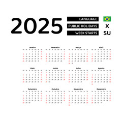 Wall Mural - Brazil Calendar 2025. Week starts from Sunday. Vector graphic design. Portuguese language.