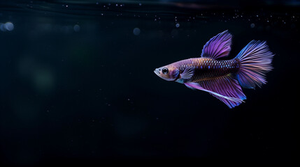 Wall Mural - Purple guppy fish swimming alone in an aquarium on a dark black background, Ai generated Images