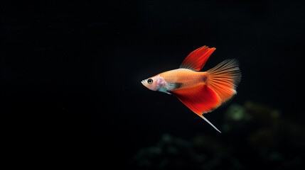 Wall Mural - Orange guppy fish swimming alone in an aquarium on a dark black background, Ai generated Images