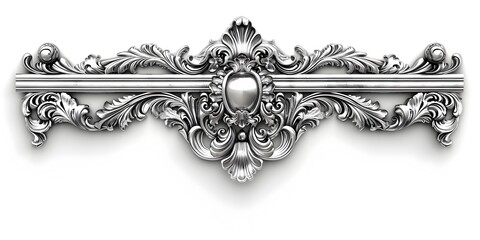 Poster - Ornate Silver Vintage Frame with Intricate Baroque Flourishes and Ornamental Patterns on White Background