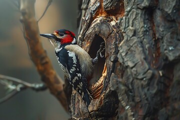 Wall Mural - A woodpecker skillfully carving a hole in a tree trunk.