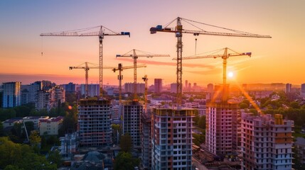 residential building construction site during a vibrant summer sunset.