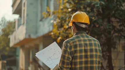 Canvas Print - professional engineer in protective helmet and blueprints paper 