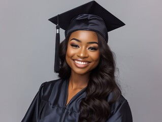 A beautiful woman in graduation gown and cap.