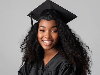 Poster - A young woman in graduation gown smiling.