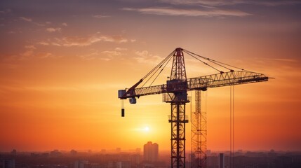 Silhouette of big crane and building construction 