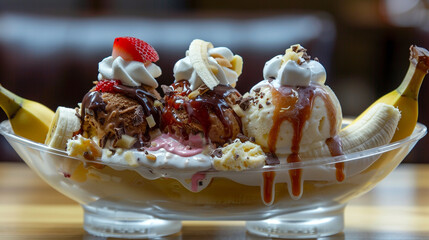 Wall Mural - A classic banana split with three scoops of ice cream and toppings.