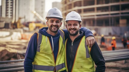 Canvas Print - Two happy smiling workers looking at camera , construction site background. 