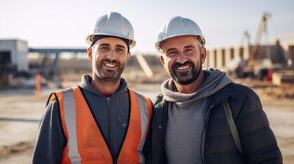 Wall Mural - Two happy smiling workers looking at camera , construction site background. 