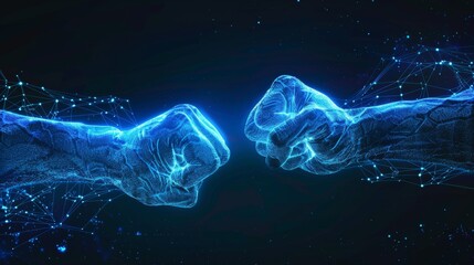 Wall Mural - Two hands fist bump punch fists in a glowing blue lines and dots on a dark background