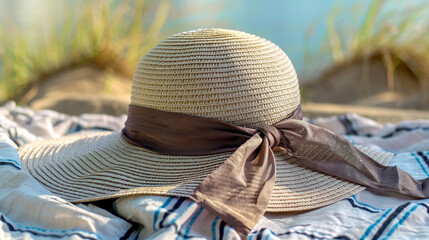 Wall Mural - A fashionable sunhat with a bow detail placed on a beach blanket.