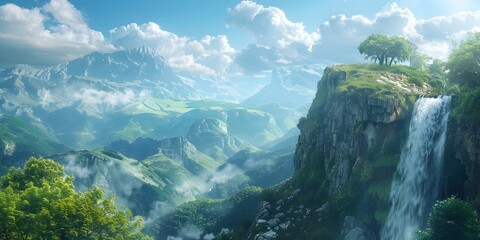 Wall Mural - majestic mountain cliffs with cascading waterfall and scenic landscape of nature s tranquil beauty