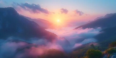 Poster - Sunrise Illuminating Misty Mountain Valley Serene and Ethereal Landscape