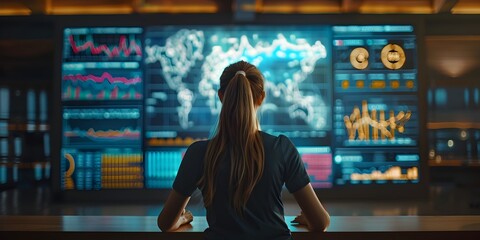 Poster - businesswoman analyzing market trends on large futuristic screen in innovative professional office e