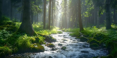 Canvas Print - Serene Mountain Stream Flowing Through Lush Forest Landscape with Vibrant Sunlight Rays