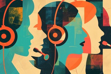 Wall Mural - Illustration of a customer service icon, featuring headsets and phones 