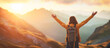 © oswasa - happy woman enjoying with open hands on mountains  summer travel concept background