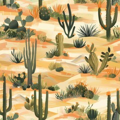 seamless pattern of cactus and succulents in a desert landscape